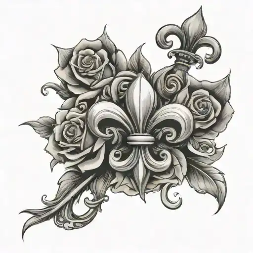 fleur de lis with roses and dove dying up to the sun tattoo design idea