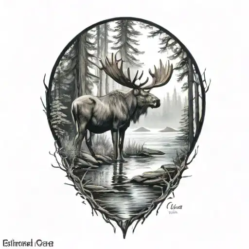 moose deer forest water tattoo design idea