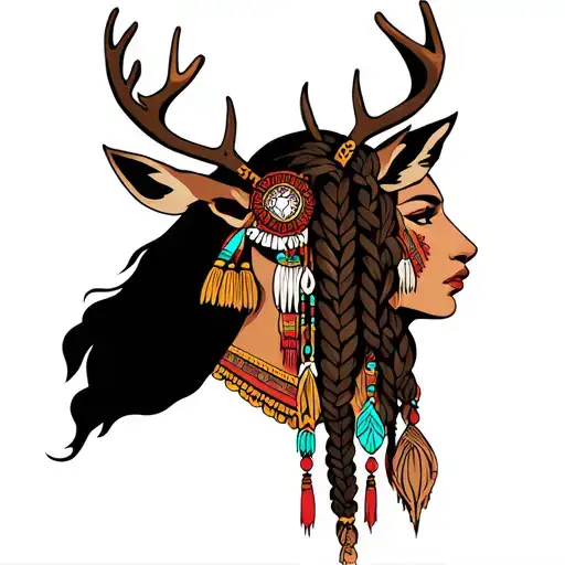 Pocahontas wearing deer head. make it tribal and majestic. long braided hair tattoo design idea