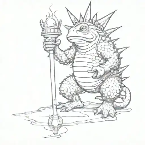 crouching toad with statue of liberty style spikes on its head and torch in its hand tattoo design idea