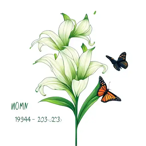 Create memorial 4 mom, green, cala lilies, tuplis, monarch butterflies, cardinals, water, 1964-2023 tattoo design idea