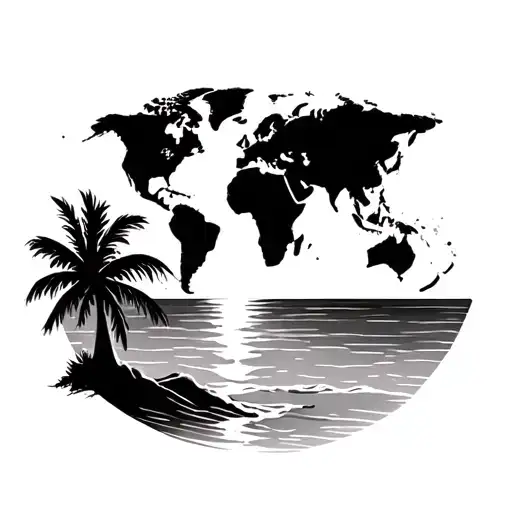 Create a tattoo design: Sunset on the beach with palm trees in the foreground, combined with a world map above tattoo design idea
