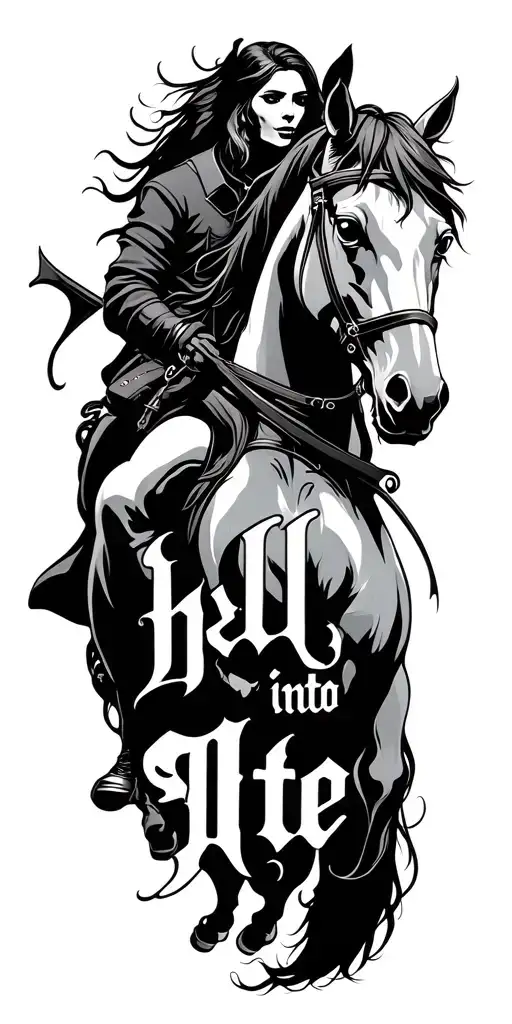 gothic lettering into hell horse and rider tattoo design idea