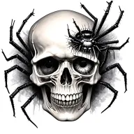 detailed skull with spiders crawling out of eye socket, full back tattoo design idea