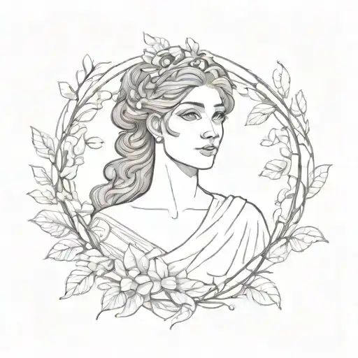 A minimalist sketch of Greek Goddess Hera with a subtle nature motif, like vines or leaves, integrated into the design tattoo design idea