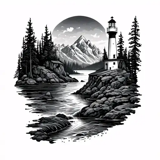 Solid thin line around arm, then add 4 different parts on top of the tattoo, a cave, grand tetons, a creek, lighthouse  tattoo design idea