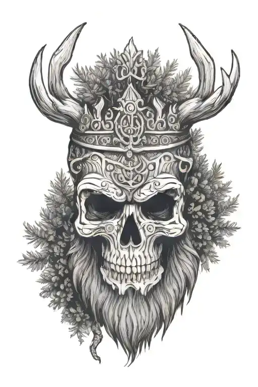  Viking Skull with beard with pine trees with a crown made from deer antlers tattoo design idea
