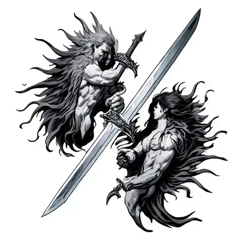Heaven Vs Hell fighting with swords and split in the middle tattoo design idea