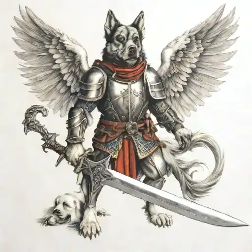 crusade soldier wings sword heaven hell hound tattoo design idea