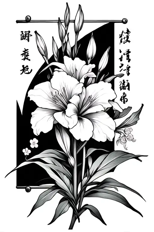 gladiolus flower in front of a japanese banner with smaller flowers surrounding it  tattoo design idea