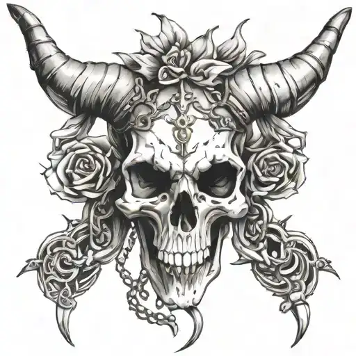 Make kiko goat skull tattoo with thick chains wrapped around it for an upper back tattoo. Use smoke and shading for the  tattoo design idea