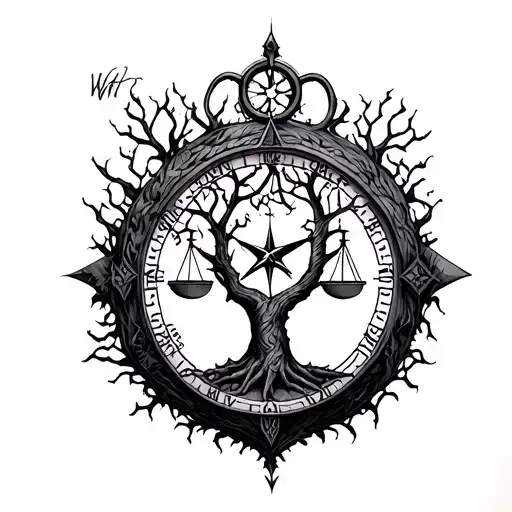 gothic tree of life tattoo, clock, libra scale & compass tattoo design idea
