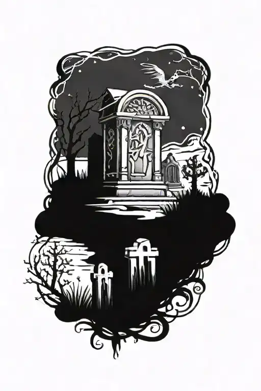 A hauntingly beautiful tattoo of a graveyard at night, with tombstones and eerie figures emerging from the shadows, incorporating elements of blood and gore tattoo design idea