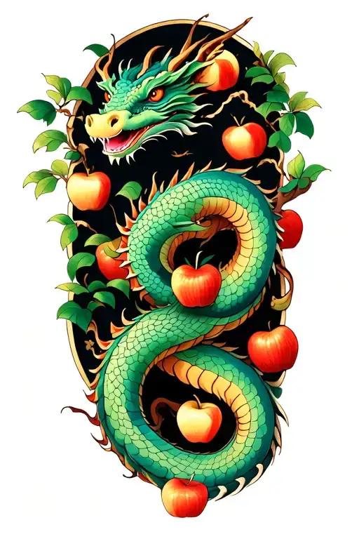 a dragon is coiled around the trunk of the garden of eden tree with apples tattoo design idea