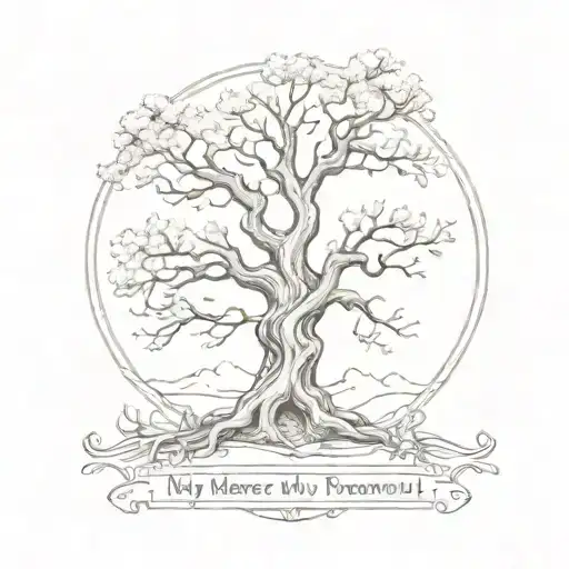 a tattoo with the quote "my mercy prevails over my wrath". the design should include a tree tattoo design idea
