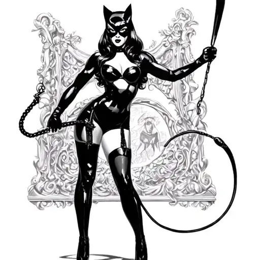 Curvy Catwoman Dominatrix in high heels Full Body Pin Up Dominatrix holding a whip tattoo design idea