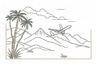 airplane, mountain, palm tree silhouette tattoo design idea