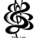 abstract treble clef integrated together with two names 'Niels' and 'Lenn' written in the stave all in black and white tattoo design idea