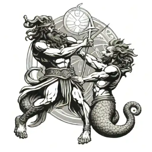 poseidon fights an Egyptian god  tattoo design idea