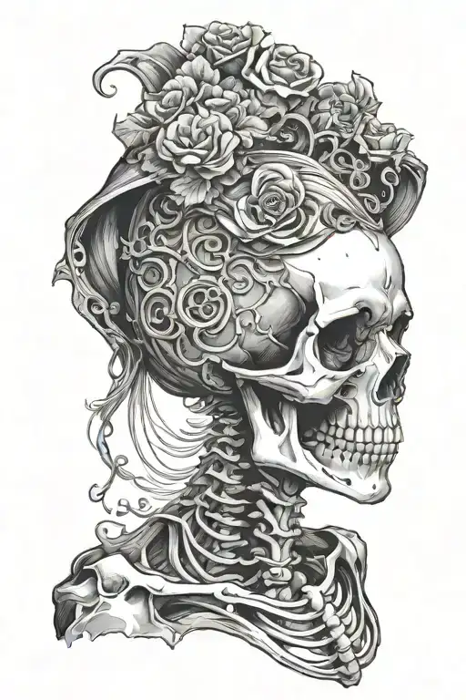 Skeleton looking at the sky from the side, the skeleton is praying. Floating teary eyes of a female are floating around tattoo design idea