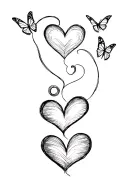 three hearts in a row going down the arm, hearts are connected by curved line with a semi colon butterflies around  tattoo design idea