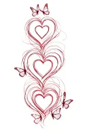 three hearts in a row going down the arm, hearts are connected by curved line with a semi colon butterflies around  tattoo design idea