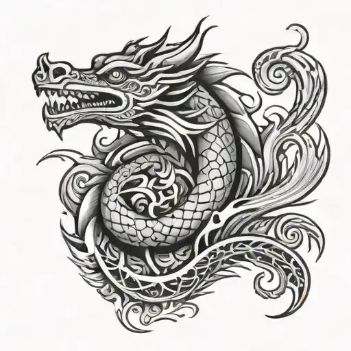 polynesian design with dragon breathing fire tattoo design idea