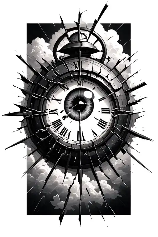 all seeing eye in the middle of a clock that is broken into pieces like shattered glass wit clouds behind it tattoo design idea