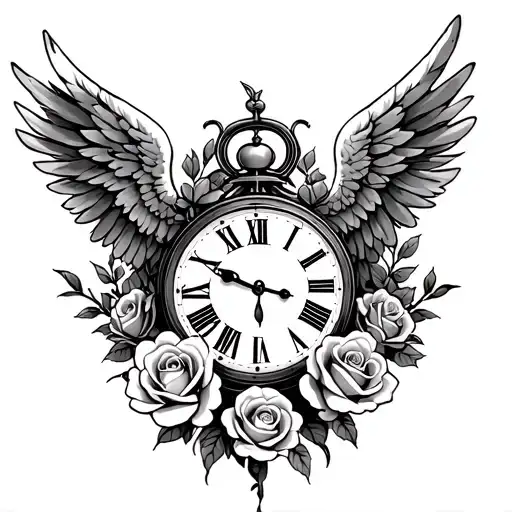 roses growing, angel wings, clock surrounded tattoo design idea