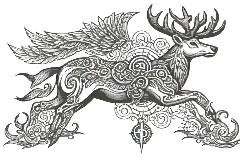 reindeer, trident, wing attached, 7 chakra symbol surrounded tattoo design idea