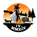 "IV V MMXIV" "IV V MMXIV" silhouette of busty sexy witch bride on broomstick over a campsite with a trailer and campfire with children & dog tattoo design idea
