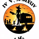 "IV V MMXIV" "IV V MMXIV" silhouette of busty sexy witch bride on broomstick over a campsite with a trailer and campfire with children & dog tattoo design idea