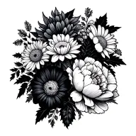 boquet of flowers just with the outline of them Violet daffodil Peony chrysanthemum  holly marigold  tattoo design idea