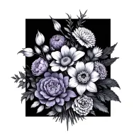 boquet of flowers just with the outline of them Violet daffodil Peony chrysanthemum  holly marigold  tattoo design idea