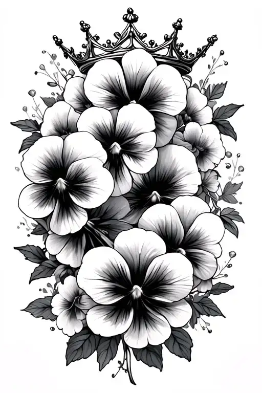 pansies and crown surrounded tattoo design idea