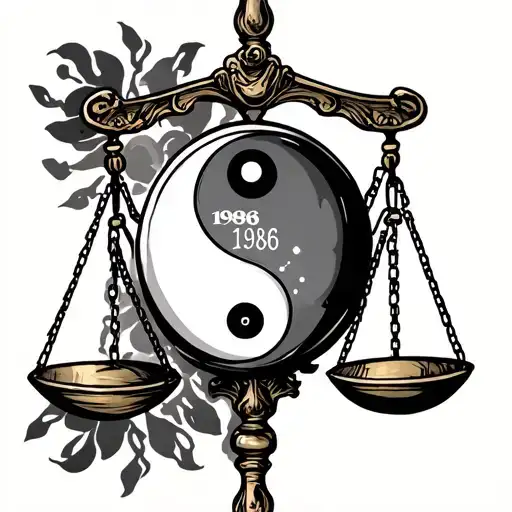 libra scales with a yin and yang blended in and an hour glass with the year 1986  tattoo design idea
