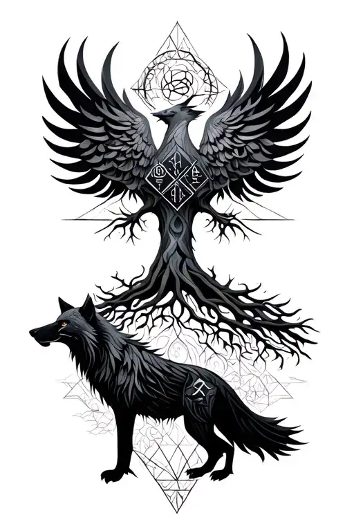 Geometric black and grey tattoo, wolf and phoenix with big Tree of Life and runes Berkana Dagaz.Symbol rebirth and power tattoo design idea