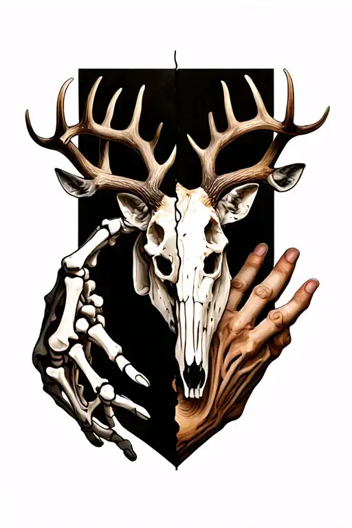 skeleton hand on half with deer skull and antlers on other half split diagonally  tattoo design idea