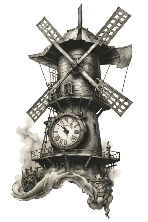 old windmill, clock face, old scale balanced tattoo design idea
