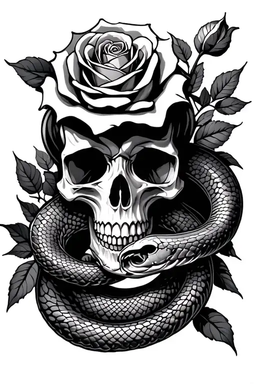 skull, rose, snake intertwined tattoo design idea