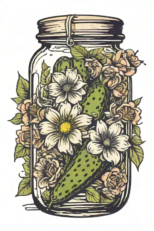 pickle in jar with flowers and aa symbol incorporated tattoo design idea