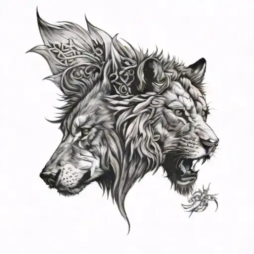half a face of wolf and half a face of lion head emerging tattoo design idea