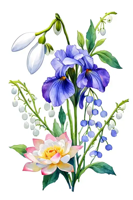  snowdrop, carnation, palsy, primrose, iris, lily of the valley, hawthorn, honeysuckle, rose,water lily, larkspur flower tattoo design idea