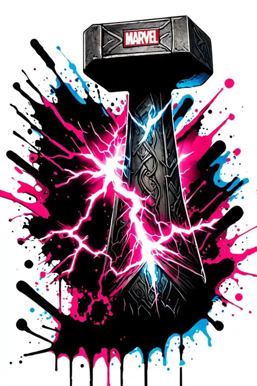 marvel Thor's hammer and storm breaker with pink and blue lightning tattoo design idea