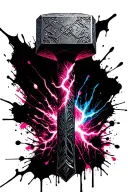 marvel Thor's hammer and storm breaker with pink and blue lightning tattoo design idea