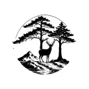 mountain range with river flowing deer standing and a big tree from the bottom to top tattoo design idea