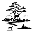 mountain range with river flowing deer standing and a big tree from the bottom to top tattoo design idea