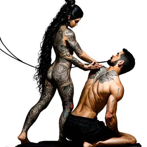 full body of a male in a dongeon on his knees being tortured by a goddess dominatrix with whips, hyperrealist tattoo design idea