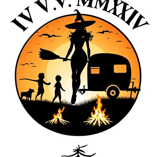 "IV V MMXIV" "IV V MMXIV" "IV V MMXIV" "IV V MMXIV" silhouette of busty sexy witch bride on broomstick over a campsite with a trailer and campfire with children & dog tattoo design idea