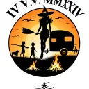 "IV V MMXIV" "IV V MMXIV" "IV V MMXIV" "IV V MMXIV" silhouette of busty sexy witch bride on broomstick over a campsite with a trailer and campfire with children & dog tattoo design idea